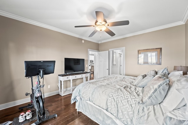 bedroom featuring ornamental molding, dark hardwood / wood-style floors, and ceiling fan