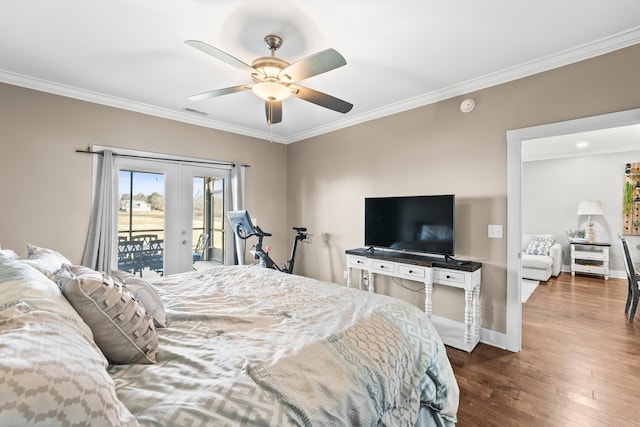 bedroom featuring crown molding, access to exterior, dark hardwood / wood-style flooring, and french doors