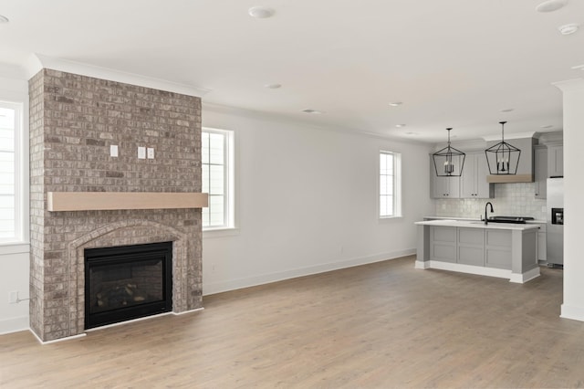 unfurnished living room with ornamental molding and light wood-type flooring