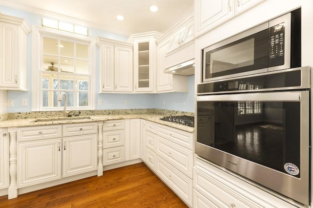 kitchen with appliances with stainless steel finishes, dark hardwood / wood-style floors, light stone countertops, and sink