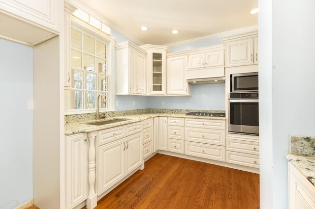 kitchen featuring sink, crown molding, wood-type flooring, stainless steel appliances, and light stone countertops