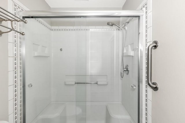 bathroom featuring a shower with door