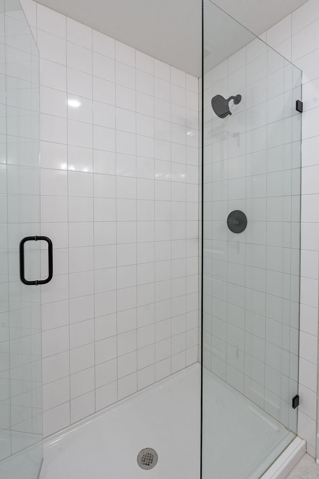 bathroom featuring a shower with shower door