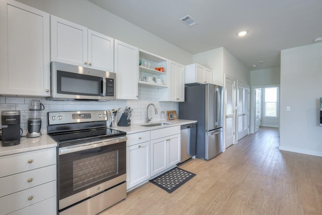 kitchen featuring sink, white cabinetry, backsplash, stainless steel appliances, and light wood-type flooring