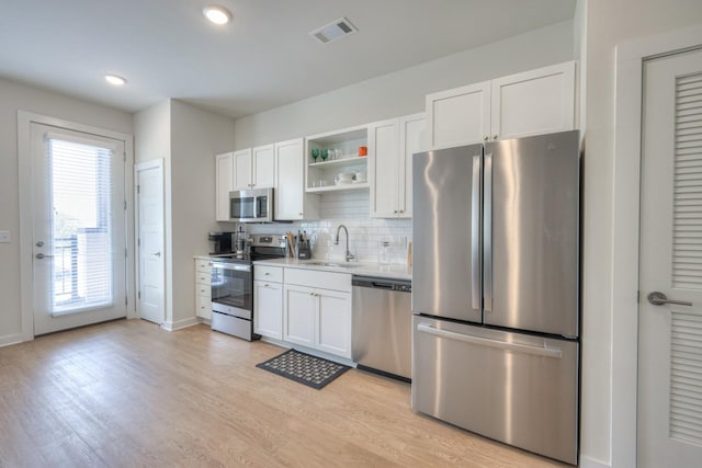 kitchen with backsplash, stainless steel appliances, light hardwood / wood-style floors, and white cabinets