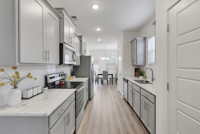 kitchen with sink, gray cabinetry, tasteful backsplash, decorative light fixtures, and stainless steel appliances