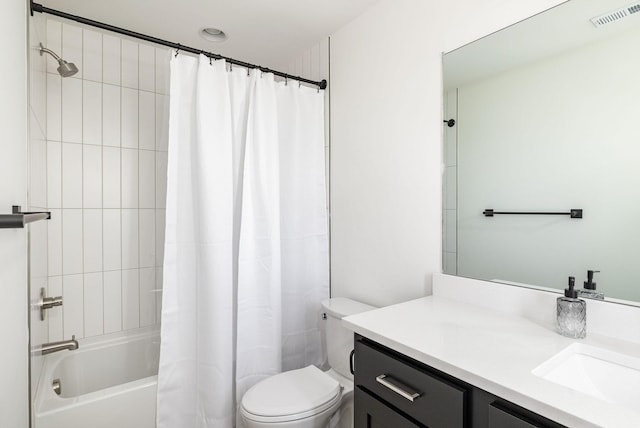 full bathroom featuring vanity, toilet, and shower / bathtub combination with curtain