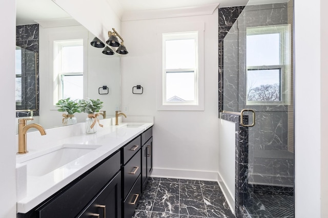 bathroom with vanity, a shower with shower door, and a healthy amount of sunlight