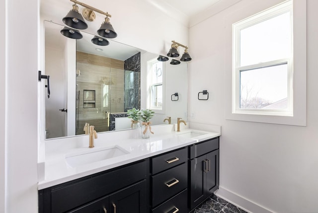 bathroom featuring vanity and walk in shower