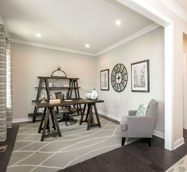 office with crown molding and dark hardwood / wood-style flooring