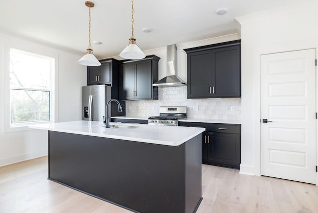 kitchen with appliances with stainless steel finishes, wall chimney exhaust hood, sink, and a center island with sink