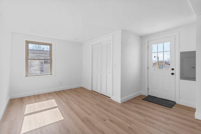 foyer featuring electric panel and light hardwood / wood-style floors