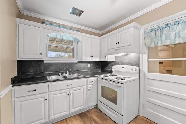 kitchen featuring white electric range, sink, white cabinets, decorative backsplash, and dark wood-type flooring