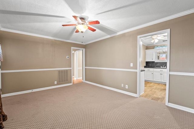 empty room featuring sink, ornamental molding, ceiling fan, light carpet, and a textured ceiling