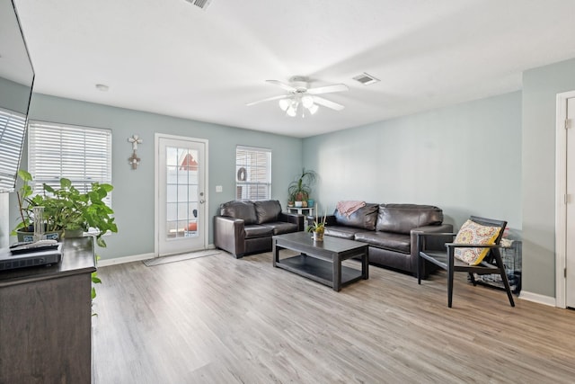 living room featuring ceiling fan and light hardwood / wood-style flooring