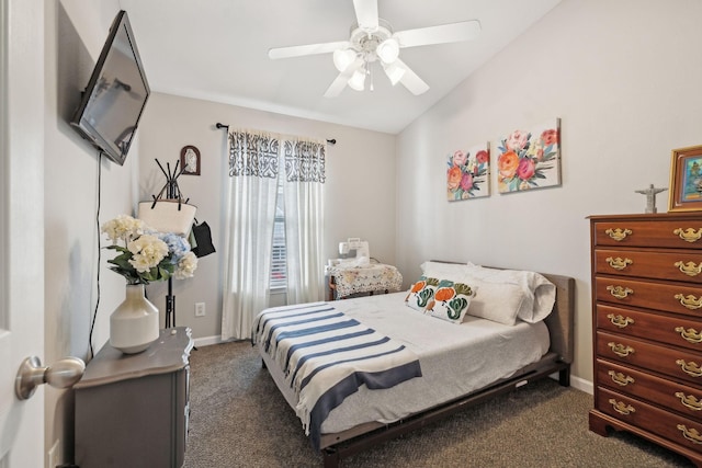 carpeted bedroom with lofted ceiling and ceiling fan