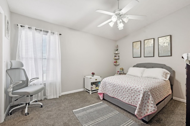 carpeted bedroom featuring ceiling fan and lofted ceiling