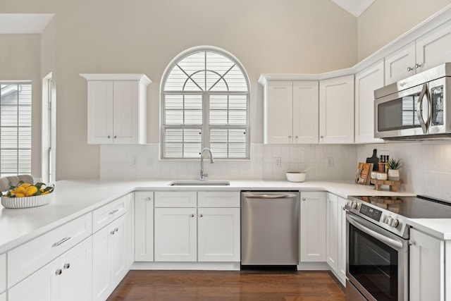 kitchen with appliances with stainless steel finishes, sink, white cabinets, and decorative backsplash