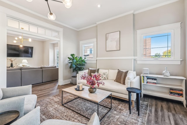 living room with dark wood-type flooring and ornamental molding