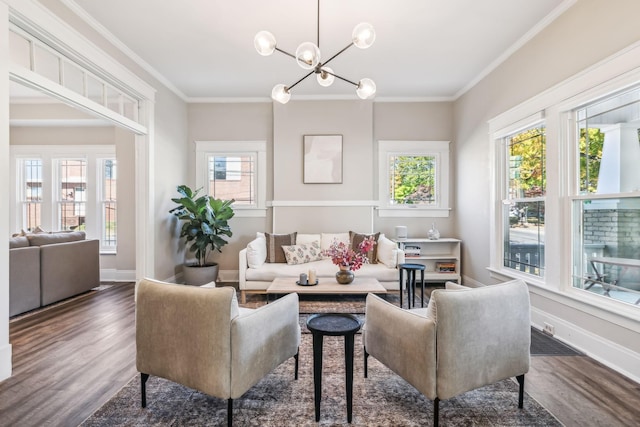 living room featuring crown molding, dark hardwood / wood-style flooring, and a wealth of natural light