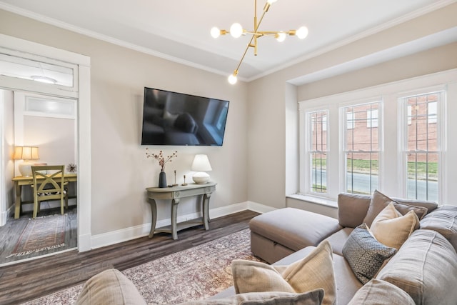 living room featuring crown molding, dark hardwood / wood-style floors, and a chandelier