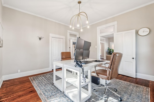 office space with ornamental molding, dark hardwood / wood-style flooring, and a notable chandelier