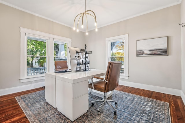 office area with dark hardwood / wood-style flooring and crown molding