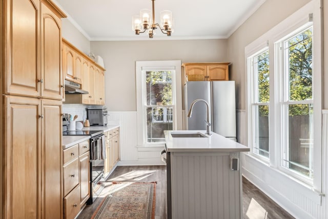 kitchen featuring pendant lighting, stainless steel refrigerator, sink, a kitchen island with sink, and black electric range