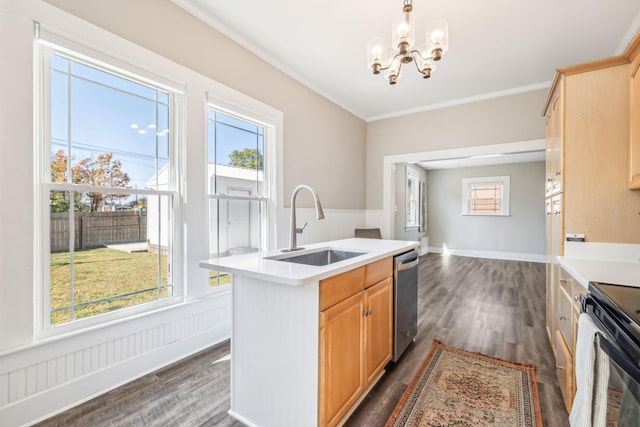 kitchen with dark wood-type flooring, light brown cabinetry, sink, pendant lighting, and a kitchen island with sink