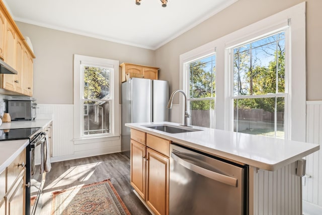 kitchen featuring sink, dishwasher, electric range, dark hardwood / wood-style floors, and light brown cabinetry