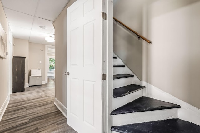 stairway with hardwood / wood-style flooring and a paneled ceiling