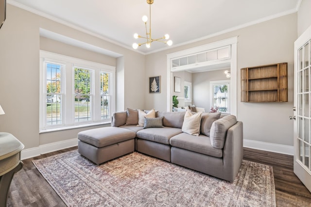 living room featuring a healthy amount of sunlight, ornamental molding, dark hardwood / wood-style floors, and a chandelier