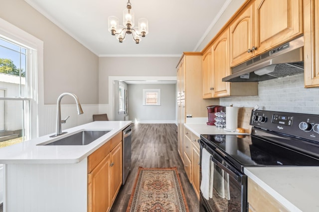 kitchen with sink, electric range, a center island with sink, decorative light fixtures, and stainless steel dishwasher