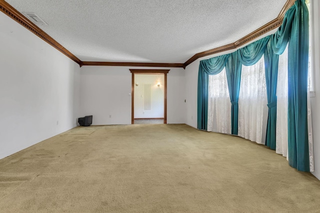 empty room with crown molding, carpet, and a textured ceiling