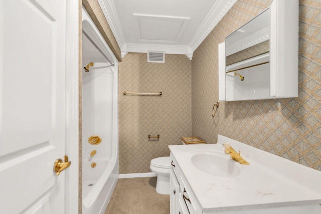 full bathroom featuring ornamental molding, toilet, shower / bath combination, and vanity