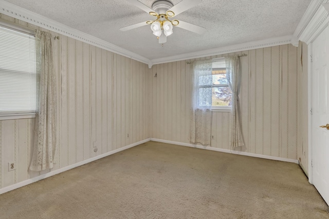 carpeted spare room featuring ceiling fan, ornamental molding, and a textured ceiling