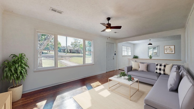 living room featuring dark hardwood / wood-style flooring, ceiling fan, and a textured ceiling