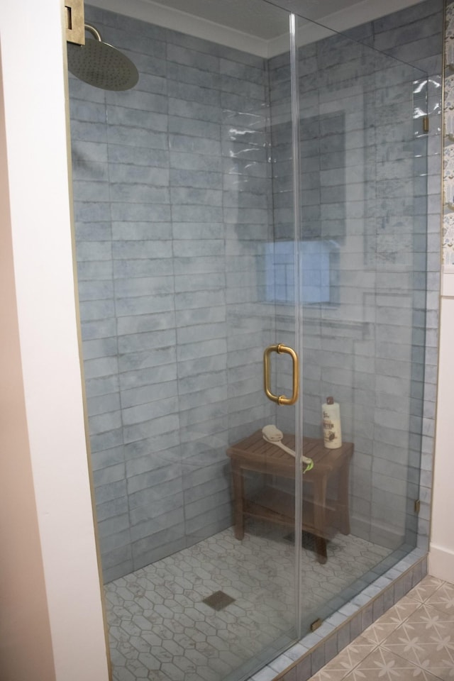 bathroom featuring a shower with door