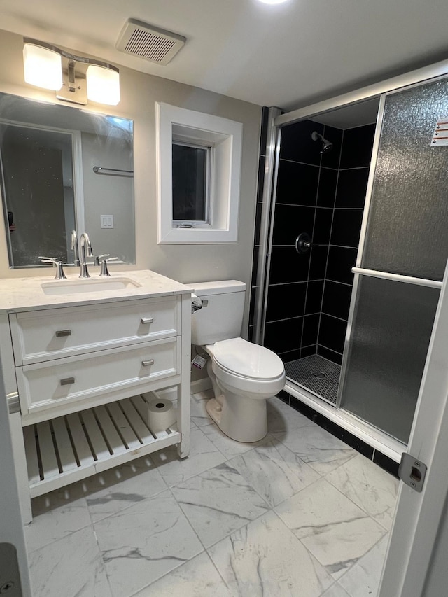 full bath featuring visible vents, toilet, a stall shower, marble finish floor, and vanity