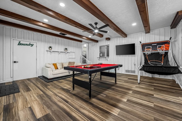 game room with beam ceiling, pool table, a textured ceiling, and hardwood / wood-style flooring