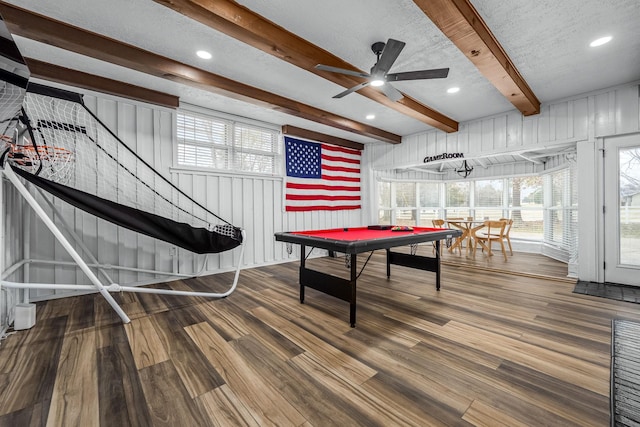 game room with billiards, a textured ceiling, ceiling fan, beam ceiling, and hardwood / wood-style floors