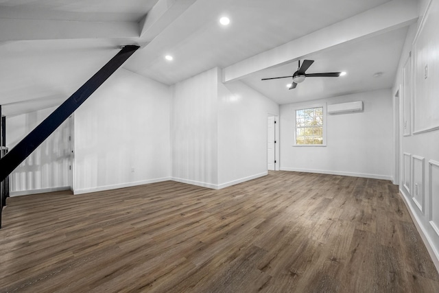 unfurnished living room featuring vaulted ceiling with beams, ceiling fan, dark hardwood / wood-style flooring, and an AC wall unit