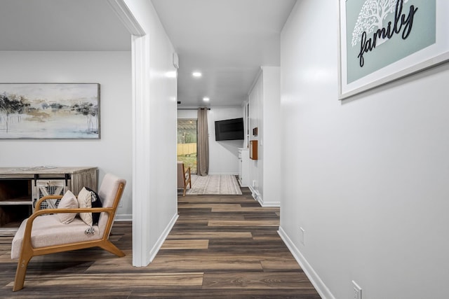 hallway featuring dark wood-type flooring