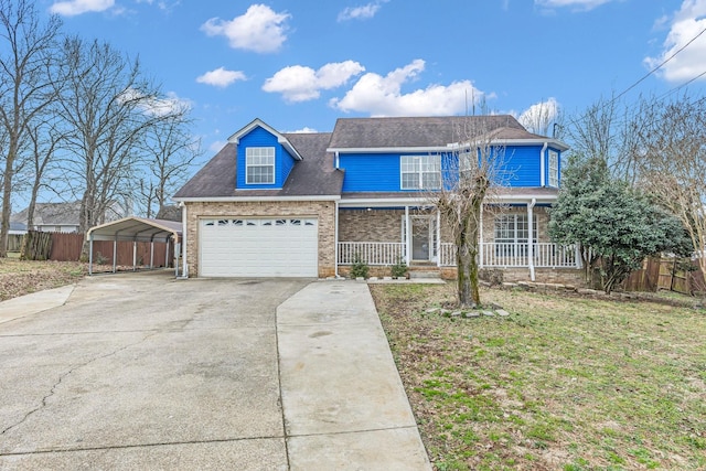 view of front of property featuring driveway, brick siding, a porch, a carport, and a front yard