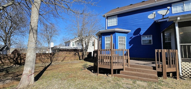 exterior space with a deck and a fenced backyard