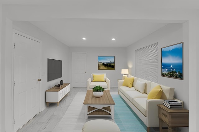 living area with marble finish floor, baseboards, and recessed lighting