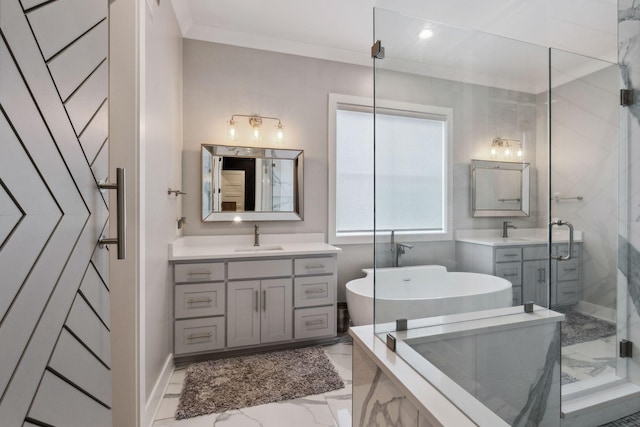 bathroom with crown molding, separate shower and tub, and vanity