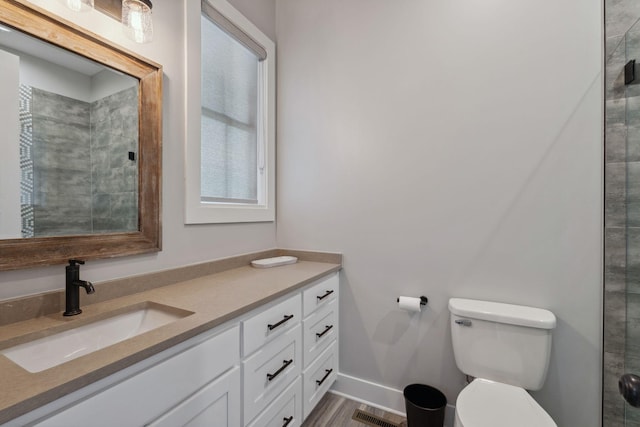 bathroom with vanity, toilet, and walk in shower