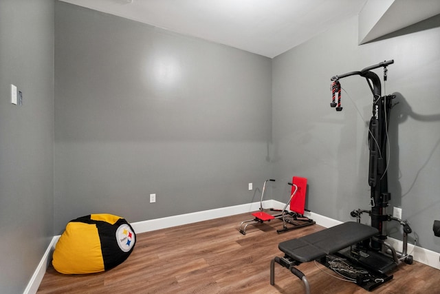 exercise room with hardwood / wood-style floors