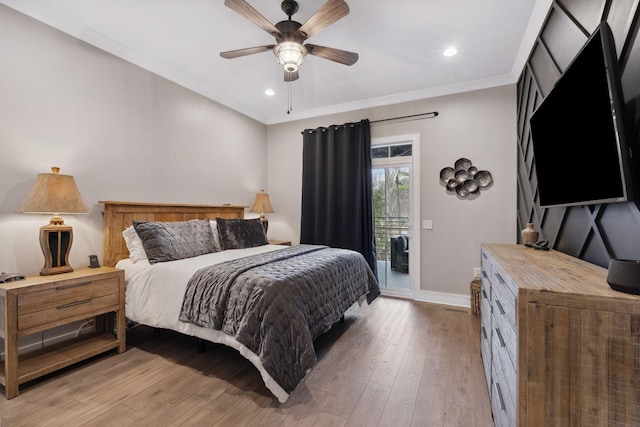 bedroom with ceiling fan, ornamental molding, access to exterior, and wood-type flooring